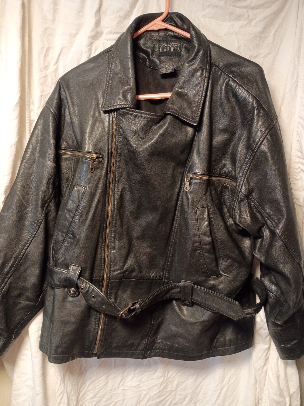 Europa Black Leather Belted Moto Jacket - Broken Zipper